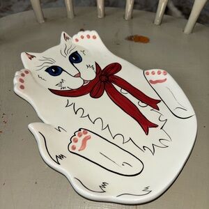 CATS by Nina Lyman White Cat Ceramic Dish with Red Bow